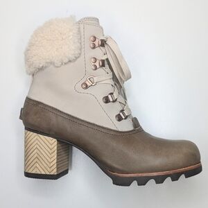 Sorel Jane Lux Heeled Boots Shearling Leather Nubuck Lace Up Tan Brown Size 7.5